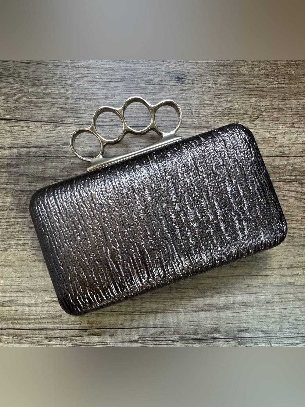 Metallic Textured Knuckle-Handle Clutch - Women's Evening Bag